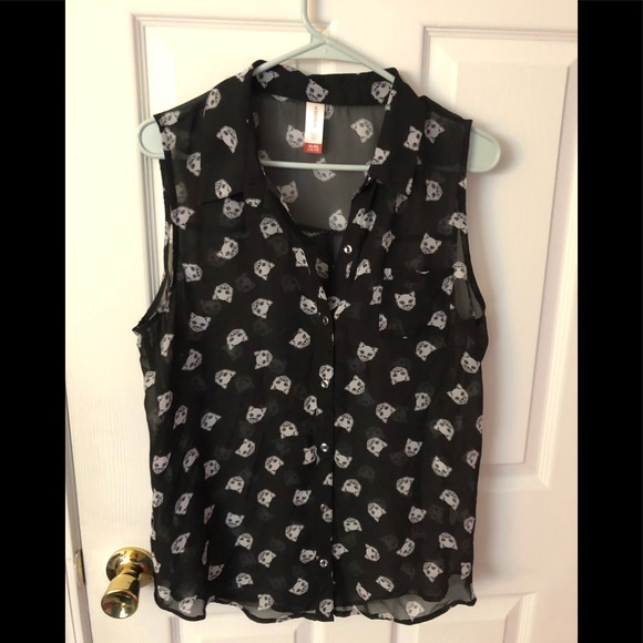 No Boundaries Tops - Women’s No Boundaries Sheer Top with White Cats Designed, Plus Size 15-17